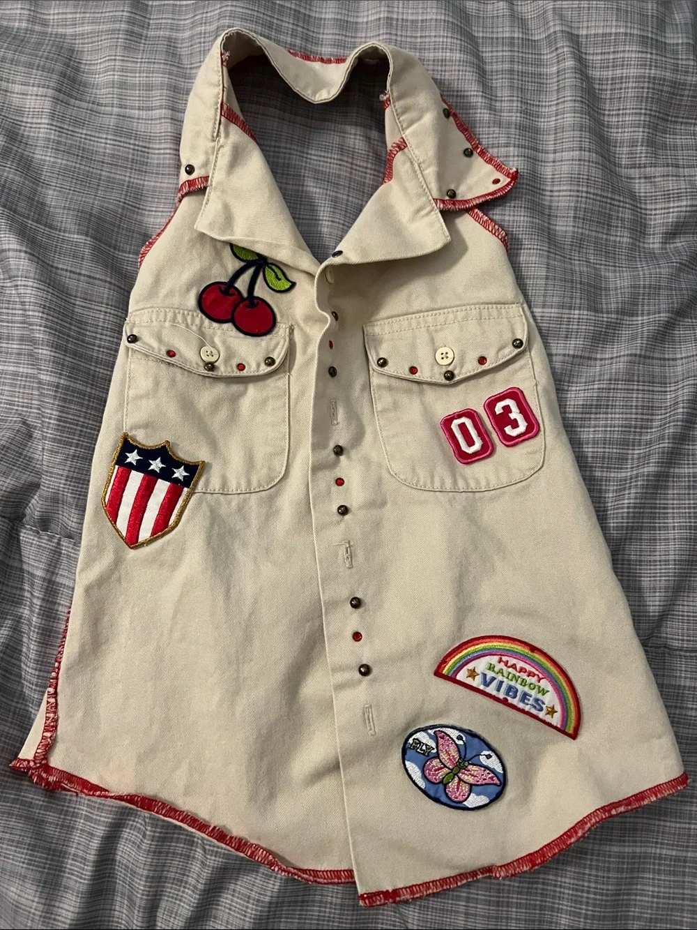 Kids Cream Sleeveless Patch Vest with Multicolor Patches